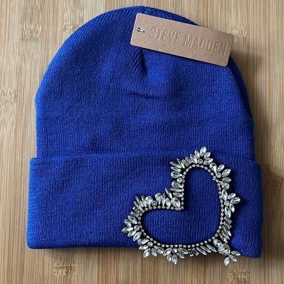 Brand New Steve Madden Blue Knit Beanie Hat w/ Rhinestone Beaded Heart - Picture 1 of 8